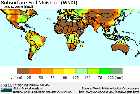 World Subsurface Soil Moisture (WMO) Thematic Map For 12/31/2018 - 1/6/2019