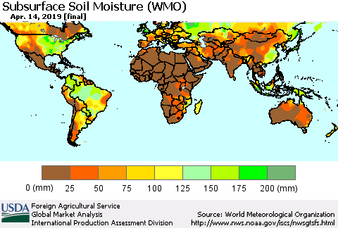 World Subsurface Soil Moisture (WMO) Thematic Map For 4/8/2019 - 4/14/2019