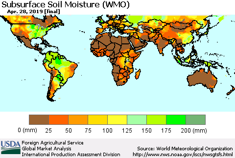 World Subsurface Soil Moisture (WMO) Thematic Map For 4/22/2019 - 4/28/2019