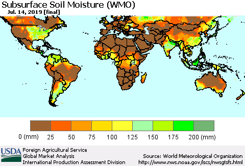 World Subsurface Soil Moisture (WMO) Thematic Map For 7/8/2019 - 7/14/2019