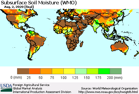 World Subsurface Soil Moisture (WMO) Thematic Map For 7/27/2020 - 8/2/2020
