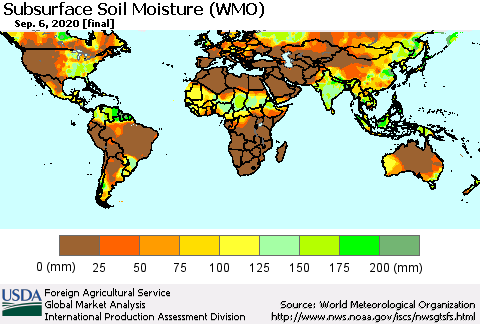 World Subsurface Soil Moisture (WMO) Thematic Map For 8/31/2020 - 9/6/2020