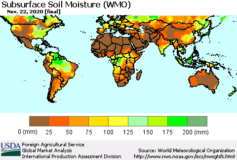 World Subsurface Soil Moisture (WMO) Thematic Map For 11/16/2020 - 11/22/2020