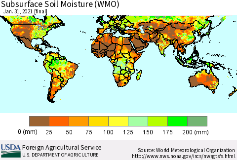 World Subsurface Soil Moisture (WMO) Thematic Map For 1/25/2021 - 1/31/2021