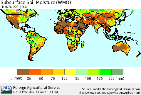 World Subsurface Soil Moisture (WMO) Thematic Map For 3/22/2021 - 3/28/2021