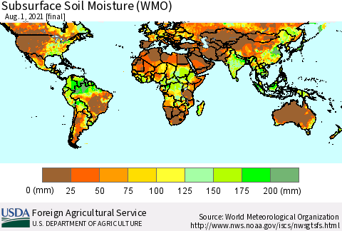 World Subsurface Soil Moisture (WMO) Thematic Map For 7/26/2021 - 8/1/2021