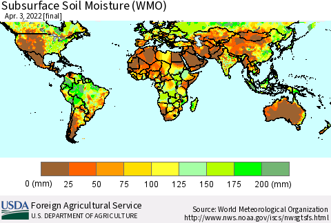 World Subsurface Soil Moisture (WMO) Thematic Map For 3/28/2022 - 4/3/2022