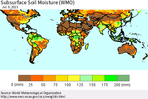 World Subsurface Soil Moisture (WMO) Thematic Map For 7/3/2023 - 7/9/2023