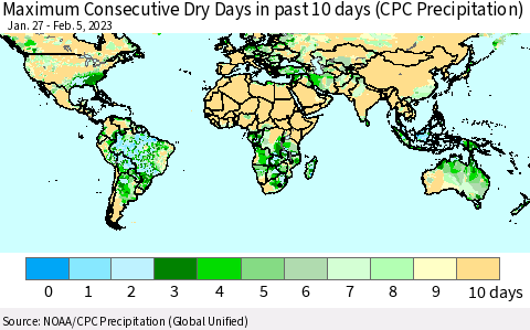 World Maximum Consecutive Dry Days in past 10 days (CPC Precipitation) Thematic Map For 2/1/2023 - 2/5/2023