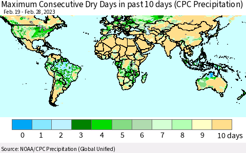 World Maximum Consecutive Dry Days in past 10 days (CPC Precipitation) Thematic Map For 2/26/2023 - 2/28/2023