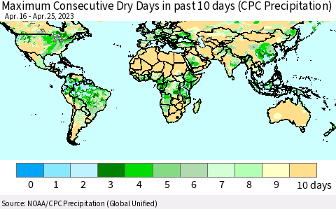 World Maximum Consecutive Dry Days in past 10 days (CPC Precipitation) Thematic Map For 4/21/2023 - 4/25/2023