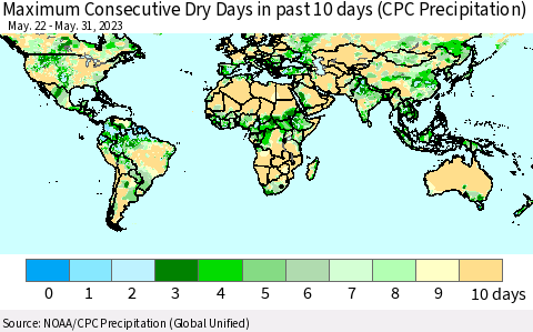 World Maximum Consecutive Dry Days in past 10 days (CPC Precipitation) Thematic Map For 5/26/2023 - 5/31/2023