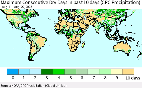 World Maximum Consecutive Dry Days in past 10 days (CPC Precipitation) Thematic Map For 8/16/2023 - 8/20/2023