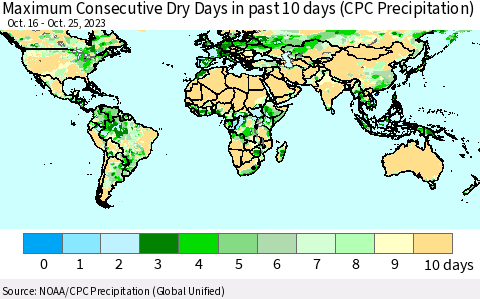World Maximum Consecutive Dry Days in past 10 days (CPC Precipitation) Thematic Map For 10/21/2023 - 10/25/2023