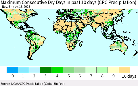 World Maximum Consecutive Dry Days in past 10 days (CPC Precipitation) Thematic Map For 11/11/2023 - 11/15/2023