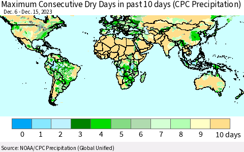 World Maximum Consecutive Dry Days in past 10 days (CPC Precipitation) Thematic Map For 12/11/2023 - 12/15/2023