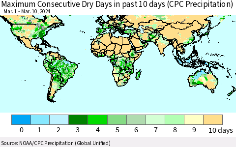 World Maximum Consecutive Dry Days in past 10 days (CPC Precipitation) Thematic Map For 3/6/2024 - 3/10/2024