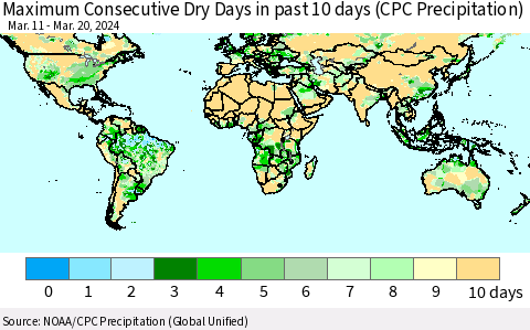 World Maximum Consecutive Dry Days in past 10 days (CPC Precipitation) Thematic Map For 3/16/2024 - 3/20/2024