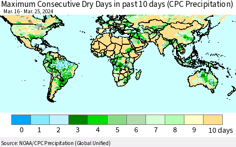 World Maximum Consecutive Dry Days in past 10 days (CPC Precipitation) Thematic Map For 3/21/2024 - 3/25/2024