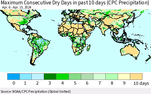 World Maximum Consecutive Dry Days in past 10 days (CPC Precipitation) Thematic Map For 4/11/2024 - 4/15/2024
