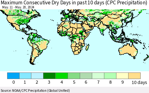 World Maximum Consecutive Dry Days in past 10 days (CPC Precipitation) Thematic Map For 5/16/2024 - 5/20/2024