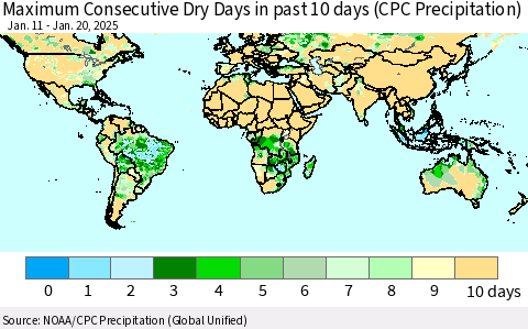 World Maximum Consecutive Dry Days in past 10 days (CPC Precipitation) Thematic Map For 1/16/2025 - 1/20/2025
