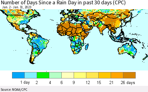 World Number of Days Since a Rain Day in past 30 days (CPC) Thematic Map For 1/26/2023 - 1/31/2023