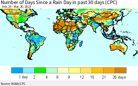 World Number of Days Since a Rain Day in past 30 days (CPC) Thematic Map For 3/16/2023 - 3/20/2023