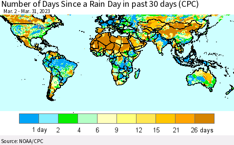 World Number of Days Since a Rain Day in past 30 days (CPC) Thematic Map For 3/26/2023 - 3/31/2023