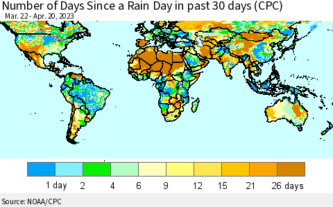 World Number of Days Since a Rain Day in past 30 days (CPC) Thematic Map For 4/16/2023 - 4/20/2023