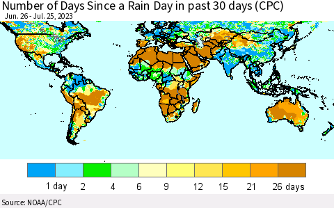 World Number of Days Since a Rain Day in past 30 days (CPC) Thematic Map For 7/21/2023 - 7/25/2023