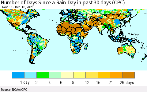 World Number of Days Since a Rain Day in past 30 days (CPC) Thematic Map For 12/6/2023 - 12/10/2023