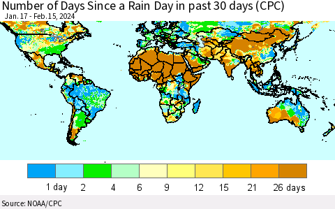 World Number of Days Since a Rain Day in past 30 days (CPC) Thematic Map For 2/11/2024 - 2/15/2024