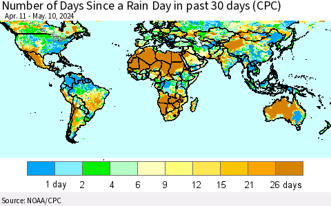 World Number of Days Since a Rain Day in past 30 days (CPC) Thematic Map For 5/6/2024 - 5/10/2024