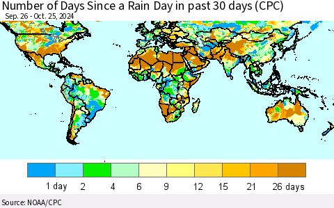 World Number of Days Since a Rain Day in past 30 days (CPC) Thematic Map For 10/21/2024 - 10/25/2024