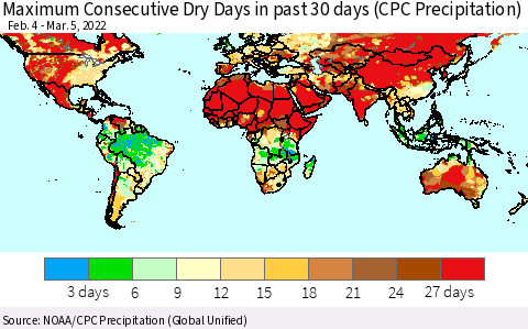 World Maximum Consecutive Dry Days in past 30 days (CPC Precipitation) Thematic Map For 3/1/2022 - 3/5/2022