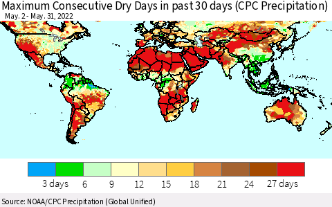 World Maximum Consecutive Dry Days in past 30 days (CPC Precipitation) Thematic Map For 5/26/2022 - 5/31/2022