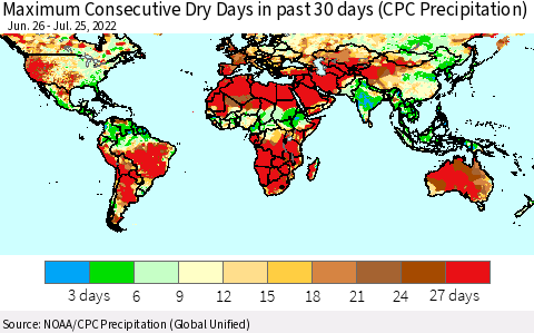 World Maximum Consecutive Dry Days in past 30 days (CPC Precipitation) Thematic Map For 7/21/2022 - 7/25/2022