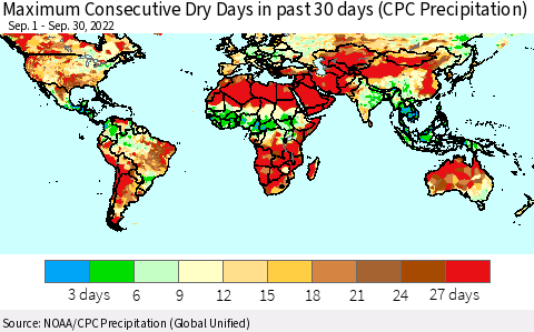 World Maximum Consecutive Dry Days in past 30 days (CPC Precipitation) Thematic Map For 9/26/2022 - 9/30/2022