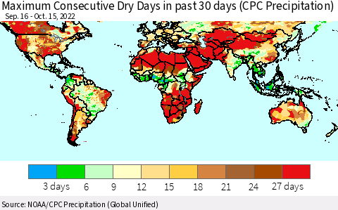World Maximum Consecutive Dry Days in past 30 days (CPC Precipitation) Thematic Map For 10/11/2022 - 10/15/2022
