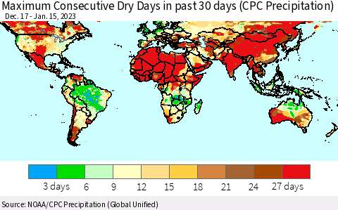 World Maximum Consecutive Dry Days in past 30 days (CPC Precipitation) Thematic Map For 1/11/2023 - 1/15/2023