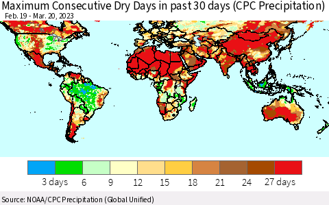 World Maximum Consecutive Dry Days in past 30 days (CPC Precipitation) Thematic Map For 3/16/2023 - 3/20/2023