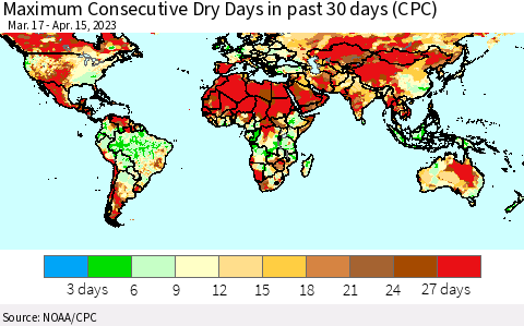 World Maximum Consecutive Dry Days in past 30 days (CPC) Thematic Map For 4/11/2023 - 4/15/2023