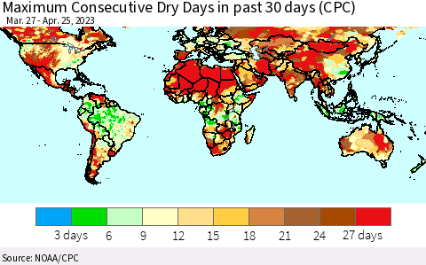World Maximum Consecutive Dry Days in past 30 days (CPC) Thematic Map For 4/21/2023 - 4/25/2023