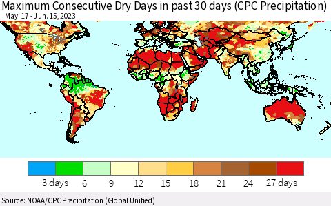 World Maximum Consecutive Dry Days in past 30 days (CPC Precipitation) Thematic Map For 6/11/2023 - 6/15/2023