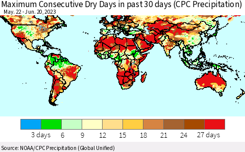 World Maximum Consecutive Dry Days in past 30 days (CPC Precipitation) Thematic Map For 6/16/2023 - 6/20/2023
