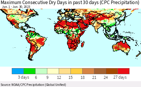 World Maximum Consecutive Dry Days in past 30 days (CPC Precipitation) Thematic Map For 6/26/2023 - 6/30/2023