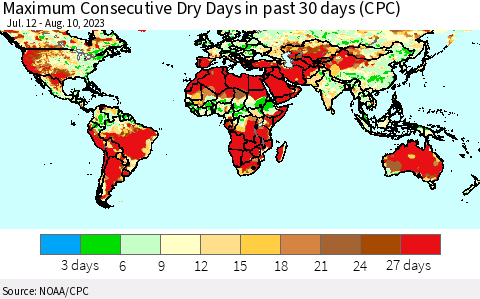 World Maximum Consecutive Dry Days in past 30 days (CPC) Thematic Map For 8/6/2023 - 8/10/2023