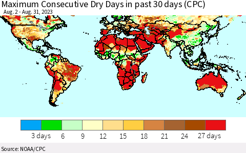 World Maximum Consecutive Dry Days in past 30 days (CPC) Thematic Map For 8/26/2023 - 8/31/2023