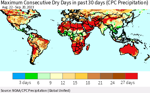 World Maximum Consecutive Dry Days in past 30 days (CPC Precipitation) Thematic Map For 9/16/2023 - 9/20/2023
